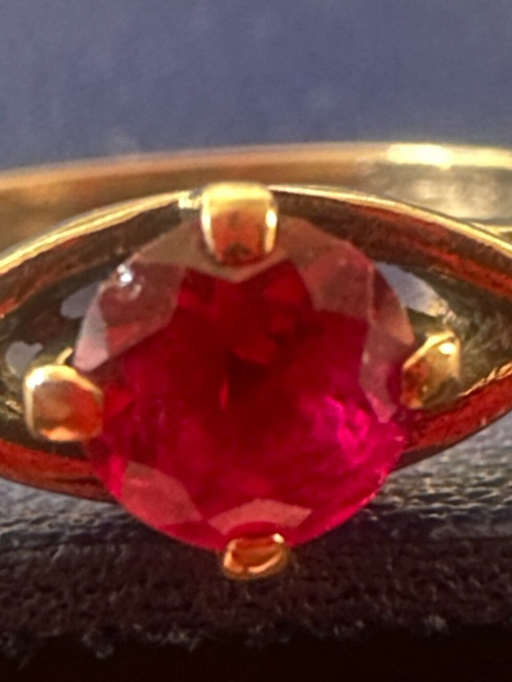 Vintage Caron Bros 10K Yellow Gold Ruby Ring — Navette Open Bezel Setting - Picture 3 of 9